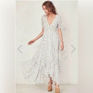 LoveShackFancy Blue Pearl River Floral Angie V-Neck Asymmetrical Silk Midi Size2